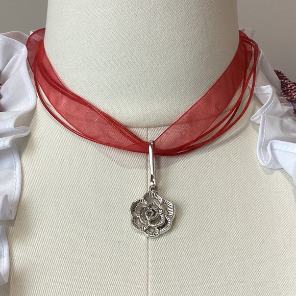 Jewelry - Traditional Necklace Rose Pendant with Red Organza Ribbon